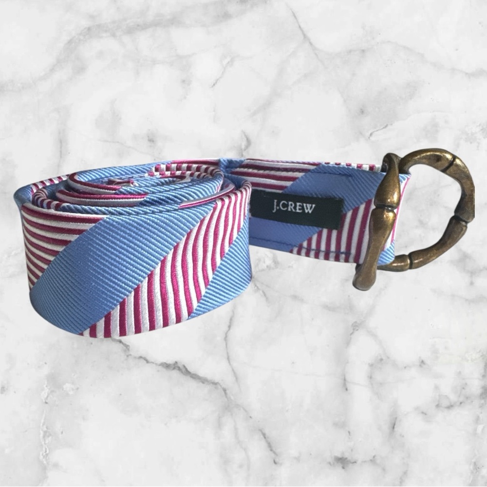 J. Crew Blue and Deep Pink Silk Striped Belt with Brass Buckle, Size S/M